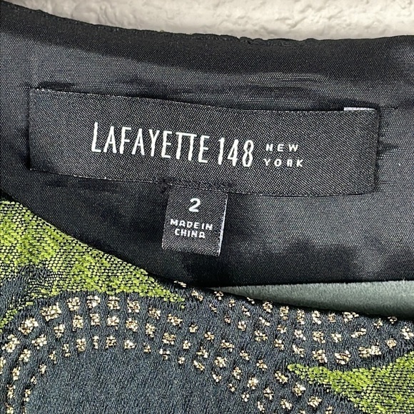 Lafayette 148 Metallic Shimmer Wave Shift Dress Green Black Gold Retro Mod Sz 2 - Picture 5 of 10